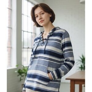 ✨Sunday Striped Lace Up Hoodie Pullover Long Sleeve Sweater XL